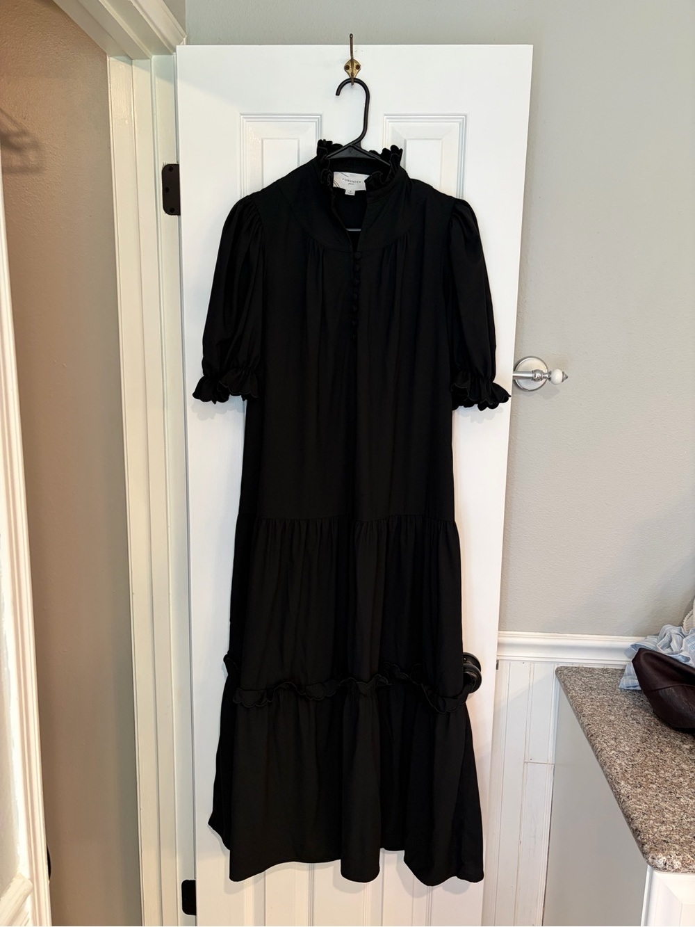Pomander Place Selena Black Maxi Dress Tiered Ruffle High Neck Small